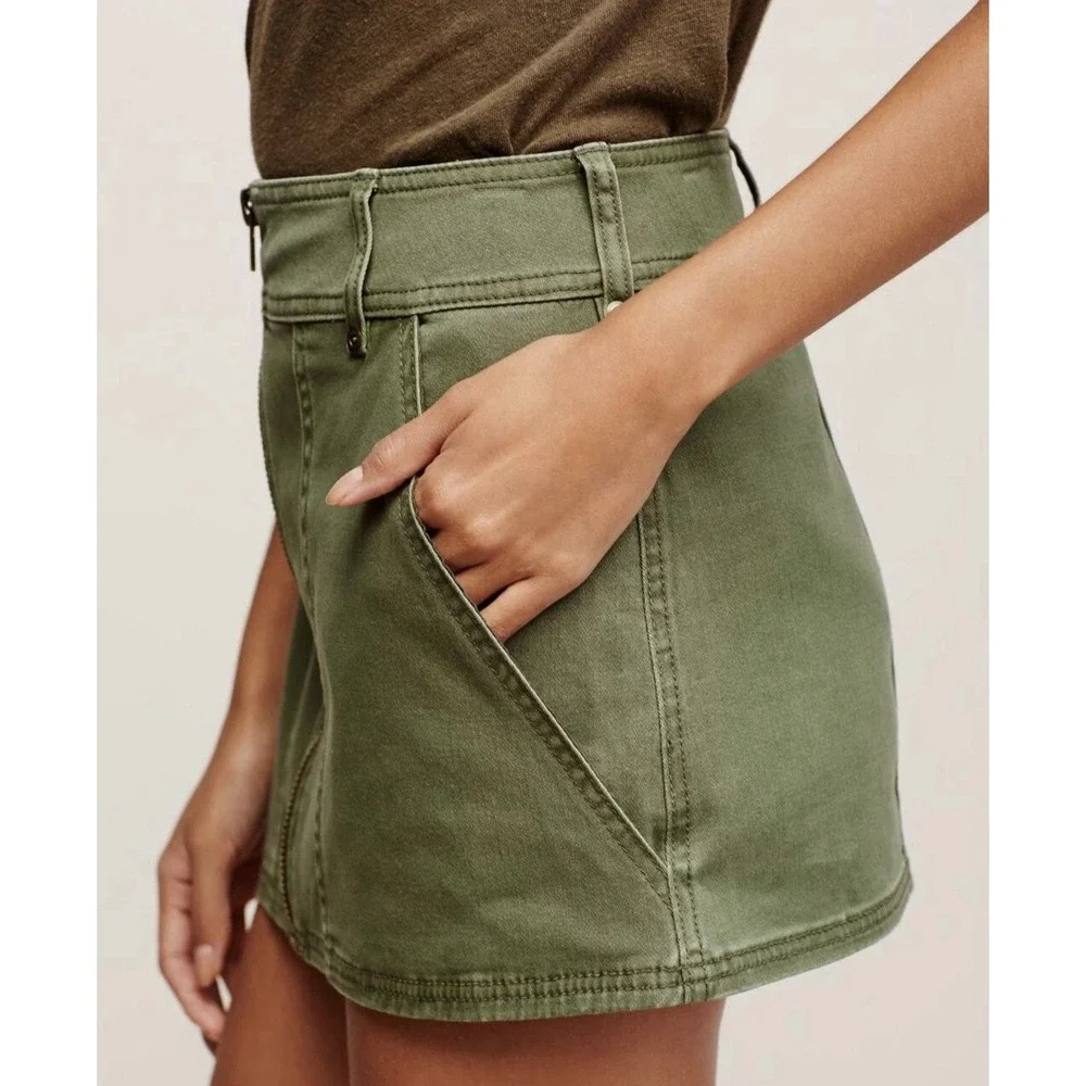 Free People Too Cool Military‎ Utility Mini Skirt Olive Zip Front Festival 6